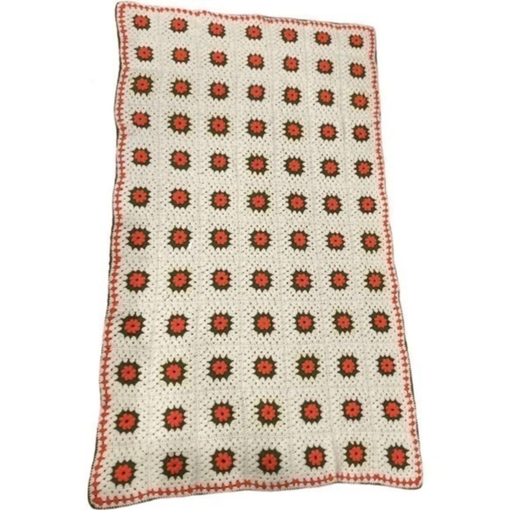 Granny Square Blanket 71”x41” White Green Pink Roses Rosette Crochet Afghan